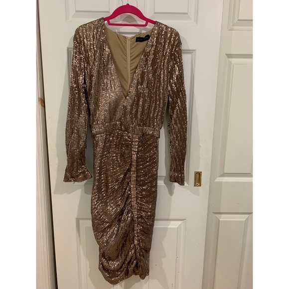 DESIGNER Gold sequined midi dress - US size 4 - Picture 3 of 3